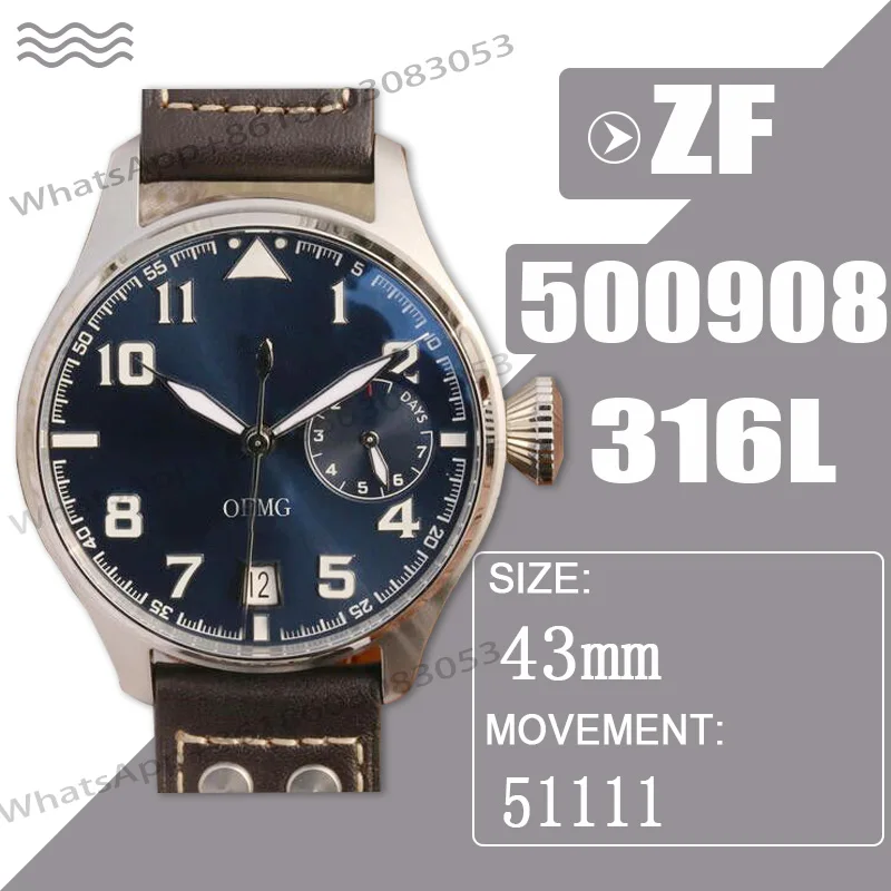 

Men's Watches Automatic Mechanical Watch 500908 Chronograph 46MM Blue Dial Leather Strap ZF Luxury Watch 1:1 AAA Replica Watch