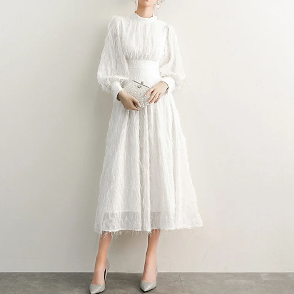 

Dressv Evening Dresses Long Luxury White Feathers Formal Party Dress Long Sleeve Fashion Chic Women Elegant Evening Gown A-Line