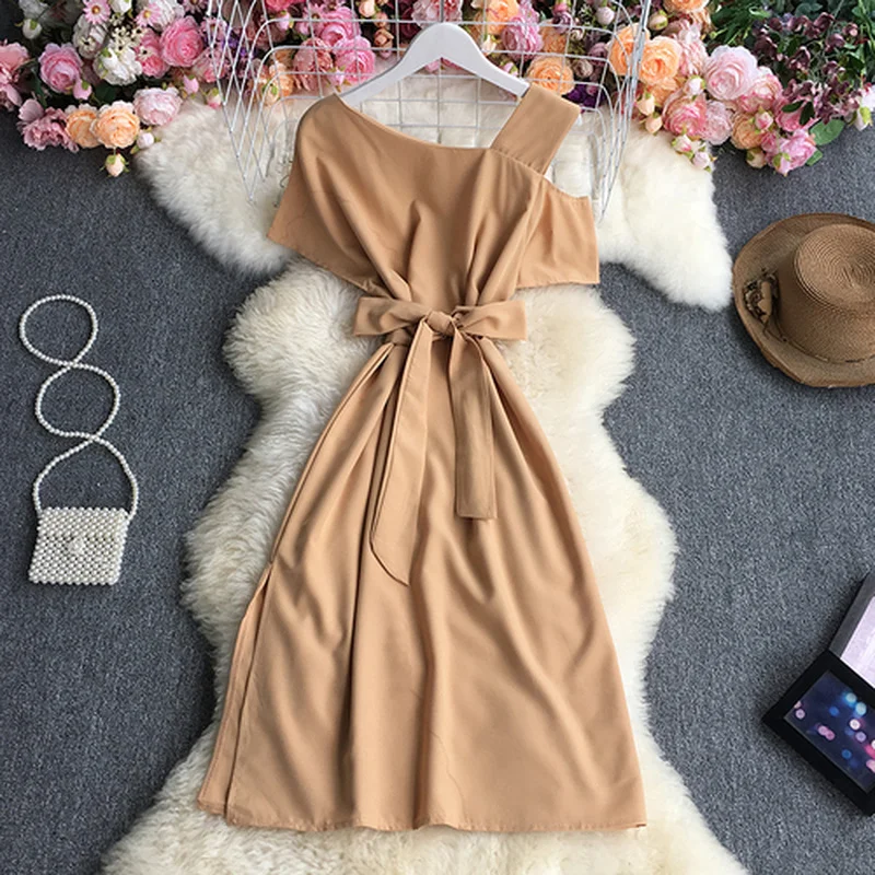 

Summer Solid Color Irregular Dress Sexy Women Off Inclined Shoulder Midi Dress Office Party Slim A Line Lace Up Dresses Vestidos