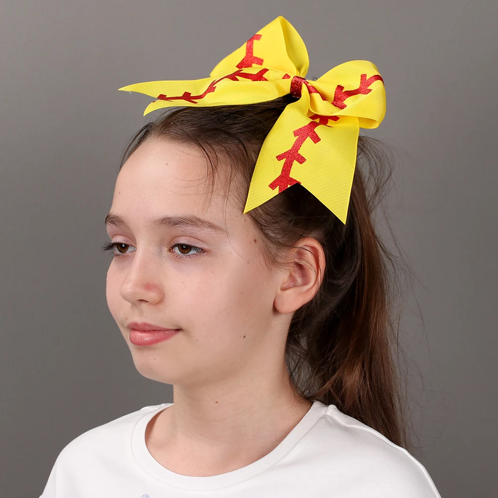 

20 Pcs/lot 7" Solid Ribbon Baseball Cheer Bow With Glitter For Girls Kids Handmade Large Elastic Hairband Hair Accessories