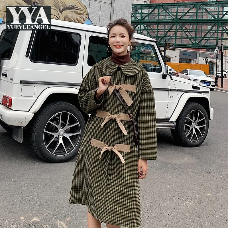 

Winter Thicken Wool Blends Long Jacket Harajuku Retro Loose Fit Green Plaid Overcoat Kawaii Doll Collar Bowknot Female Wool Coat