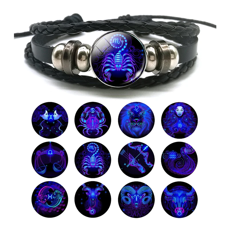 

New DropShiping Gemini Cancer Leo Virgo Libra Scorpio 12 Constellation Black Punk Leather Bracelet Zodiac Bracelet for Man Woman