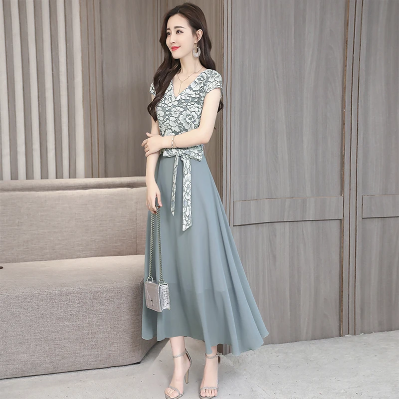 

High Quality Fashion Floral Lace Patchwork Chiffon Dress 2020 New Summer Women Sexy V-Neck Short Sleeve Bohemian Long Dress