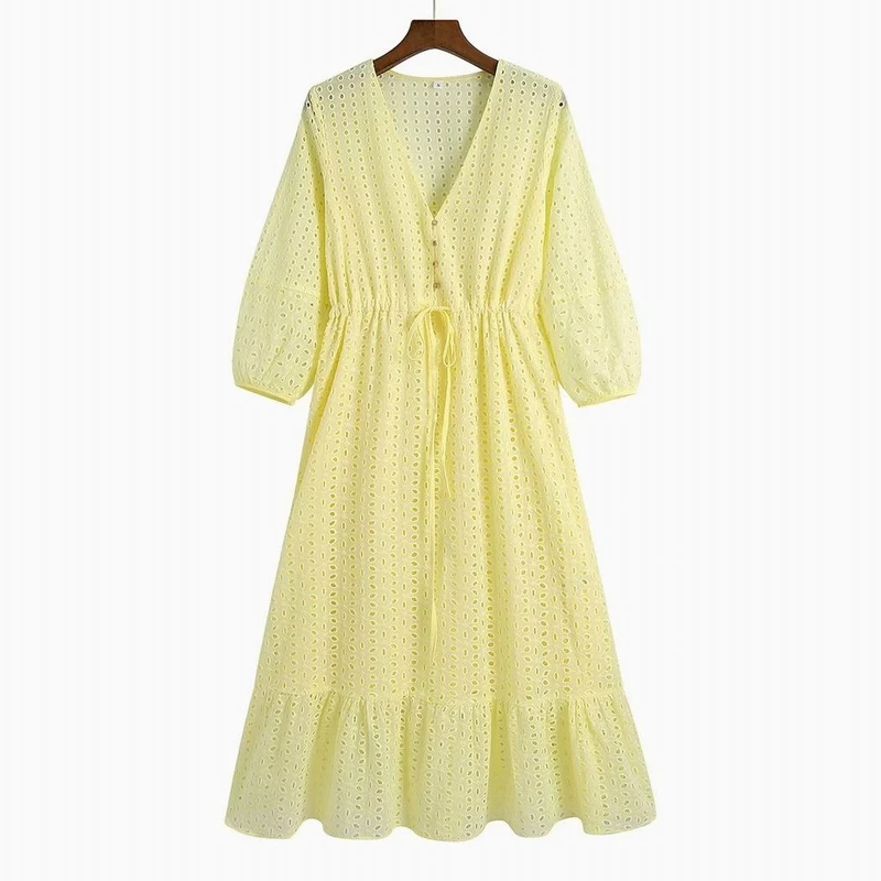 

Summer Women's Dress 2021 New Fashion Hollow Out Embroidery V-Neck Lace Vestidos Female Broderie Tea Dresses Midi Sundress