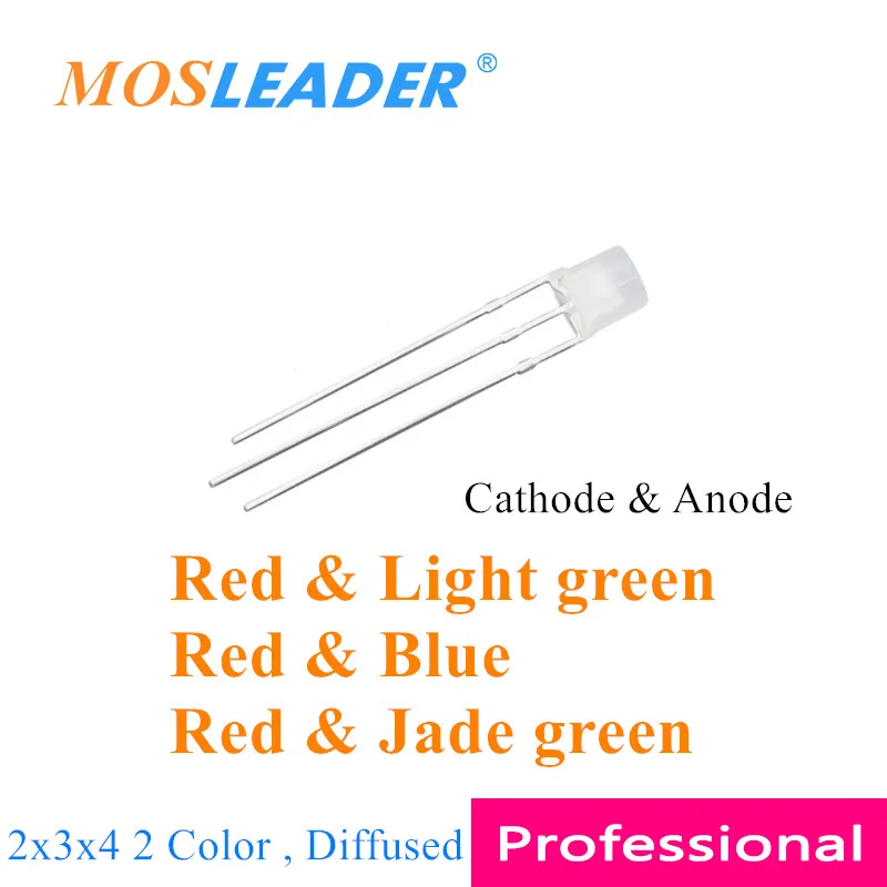 

Mosleader 1000pcs 234 LED 2*3*4 3P led 2 Color Diffused Red and Blue Red and green Long pins Cathode Anode