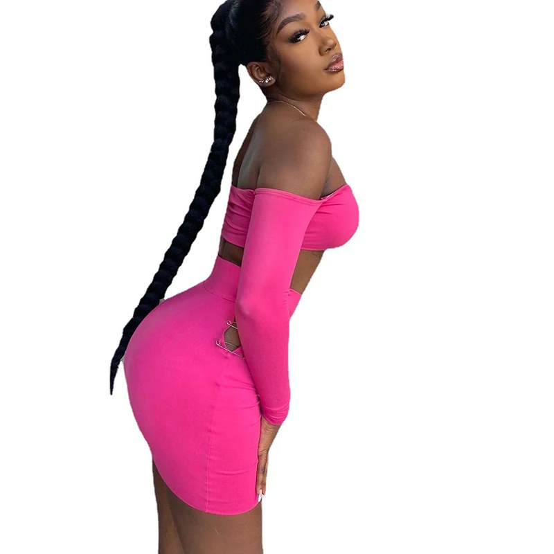 

Wefads Sexy Bodycon Party Dress 2021 Autumn New Solid Color Halter One-shoulder Top with Hip Plus Size Short Skirt Suit