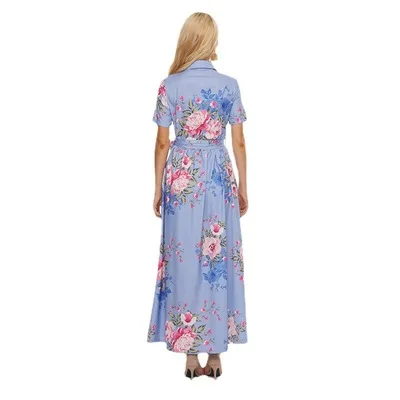 

Elegant Short-sleeved Female V-neck Bohemian Lapel Dress Women Single-breasted Print Long Dress With Slit Belt Summer Plus Size