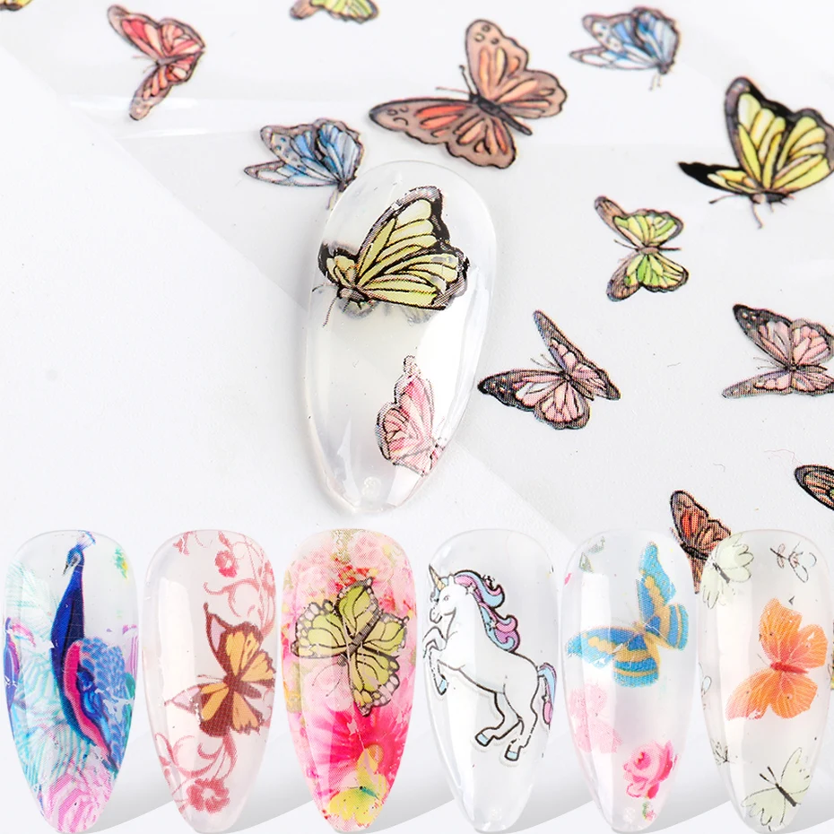 10 шт. бабочка единорог мультфильм ногтей Фольга Красочный цветок стикер
