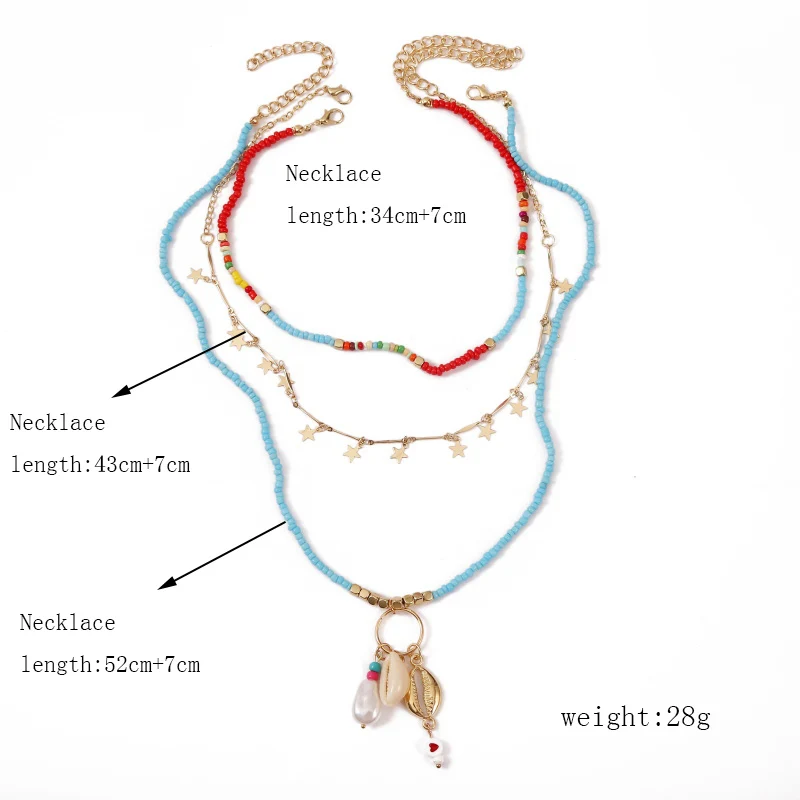 

3 Pcs/Set Beach Style Female Blue Red Glass Beads Handmade Beaded Necklaces For Women Gold Chain Star Shell Necklace & Pendant