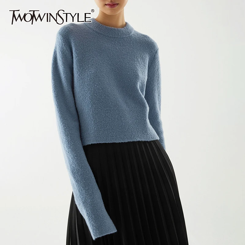 

TWOTWINSTYLE Casual Plain Knitting Sweater For Women Round Neck Loose Fitting Long Sleeve Plain Pullovers Female 2021 Autumn New