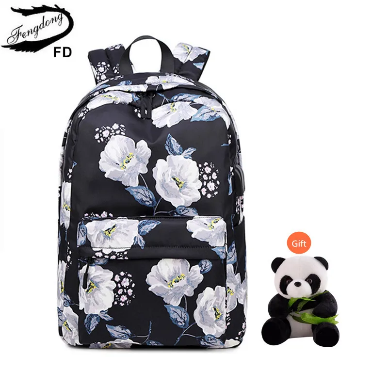 Рюкзак женский Fengdong, Черный Водонепроницаемый школьный или цветочный ранец для девочек-подростков, осень 2019