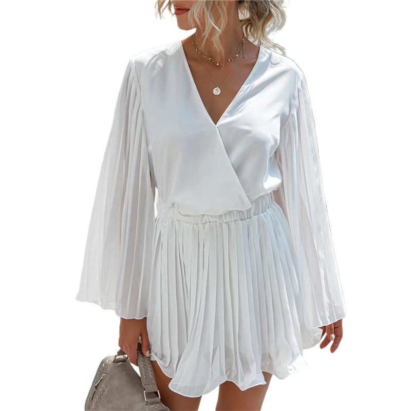 

New Hot Sale Female Jumpsuit, Women’ s Solid Color V- Neck Long Sleeve Romper Playsuits for Summer Fall, White/Royal Blue/Orange