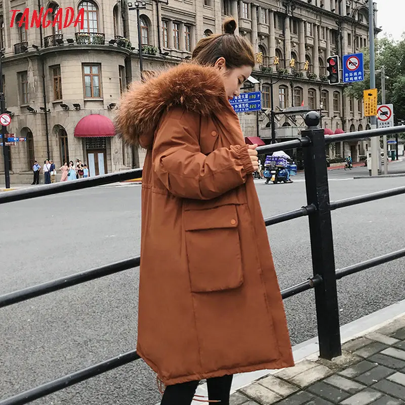 Tangada зимнее женское черное пальто с хлопковой подкладкой размера плюс 2XL длинная парка с меховым воротником пальто с капюшоном теплая верхняя одежда AMK11
