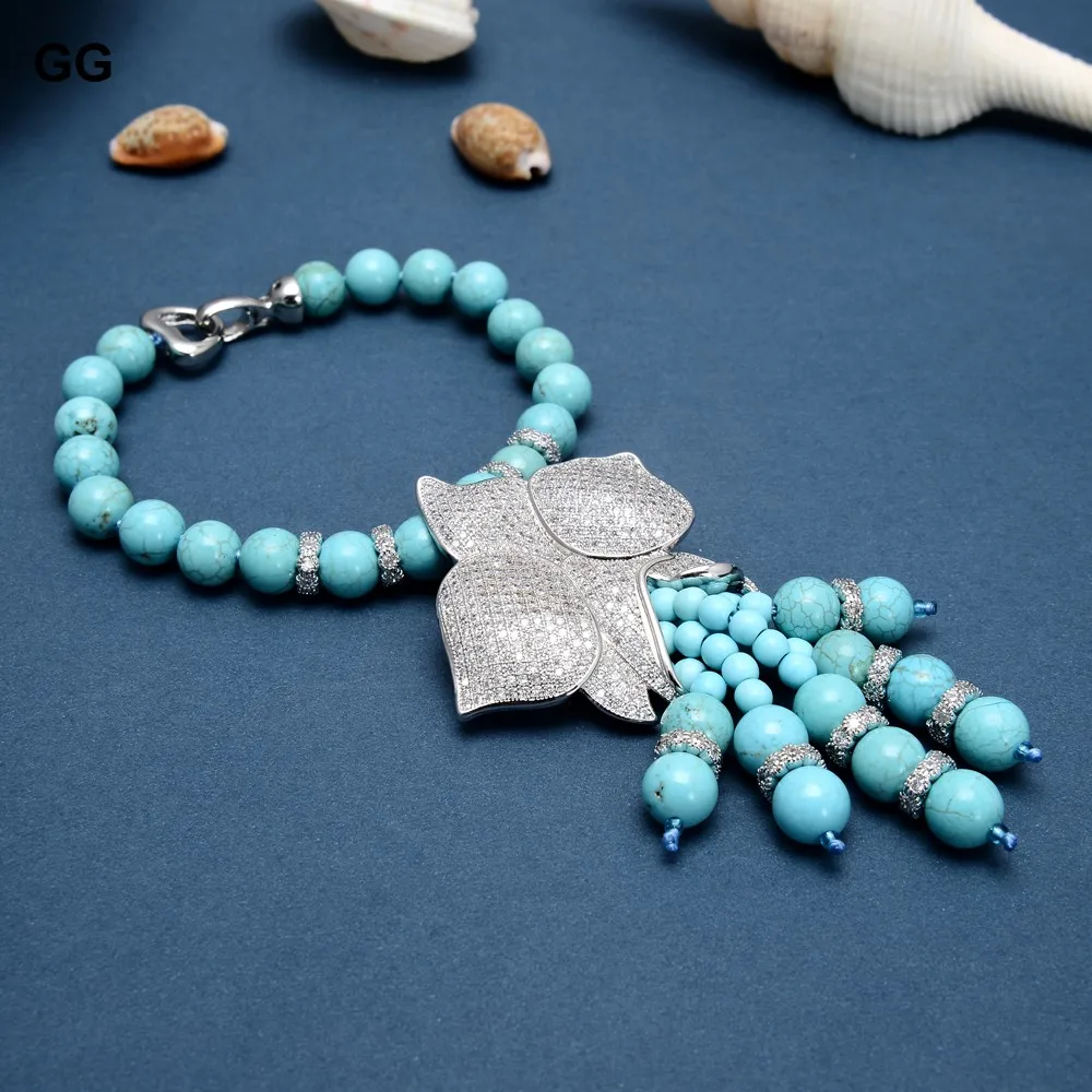 GG Jewelry 25 &quotСиний Бирюзовый камень кубический цирконий паве цветок кисточка кулон