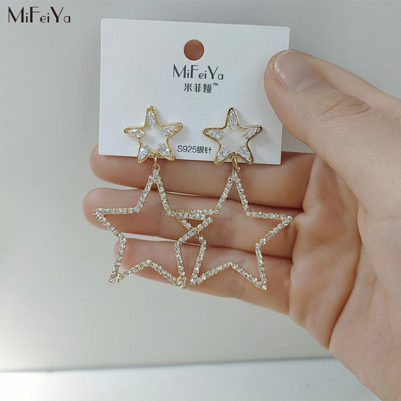 

MFY earrings female fashion simple hollow double five-pointed star inlaid with diamond earrings fashion girl earrings hot