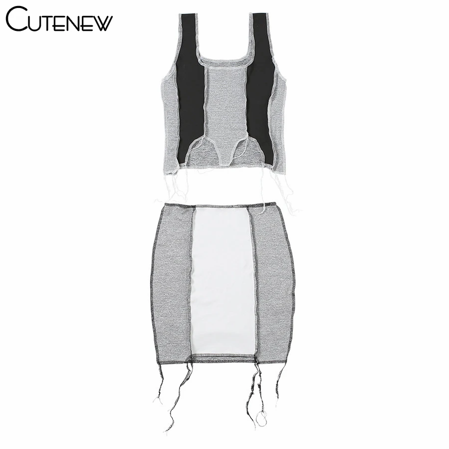 

Cutenew Casual Striped Patchwork Two Piece Set Women Asymmetry Sleeveless Crop Tops And Mini Skirt Set Fashion Female Streetwear