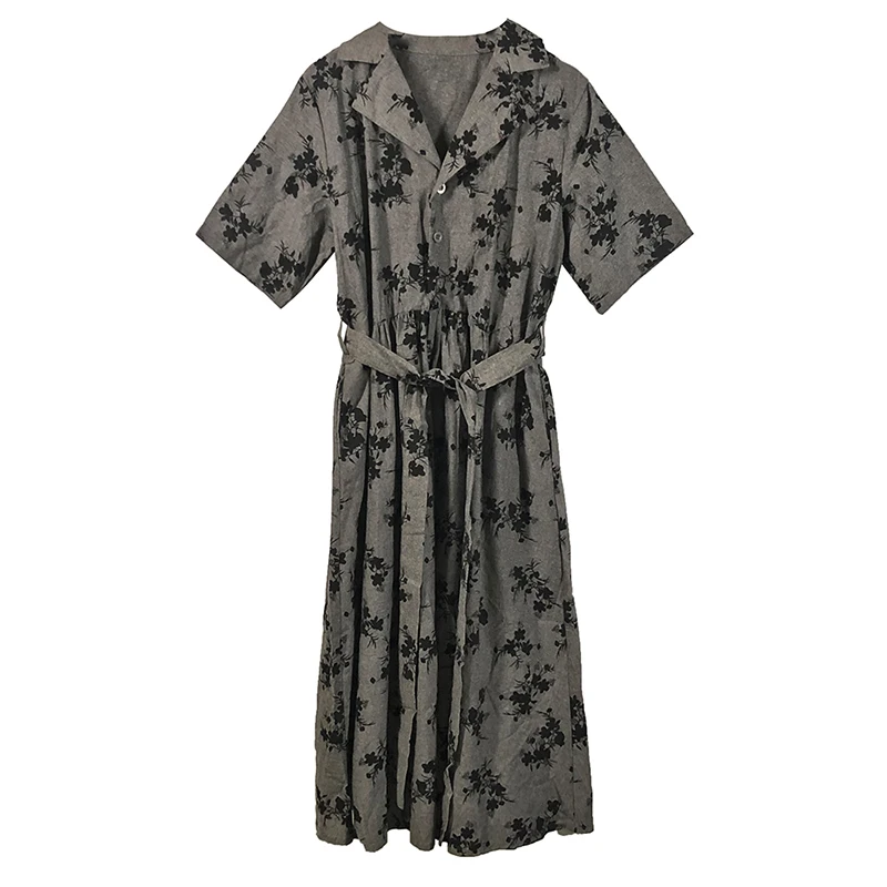 

XITAO Vintage Floral Print Dress Women Tide Fashion New Style Turn Down Collar Short Sleeve Summer Belt Elegant Draped WMD0219