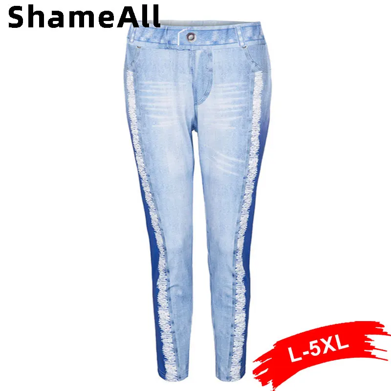 Plus Size Tassel Print Fake Jeans Leggings 4xl Contrast Color Stretchy Skinny Joggers Slim Fit Outfits Streetwear Long Trousers |
