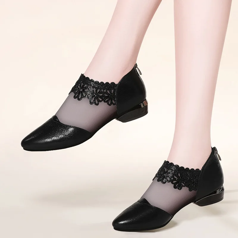 new summer sandals Pointed Elegant Women shoes Black Lace Ankle Flower low Heel zipper flowers casual sandals