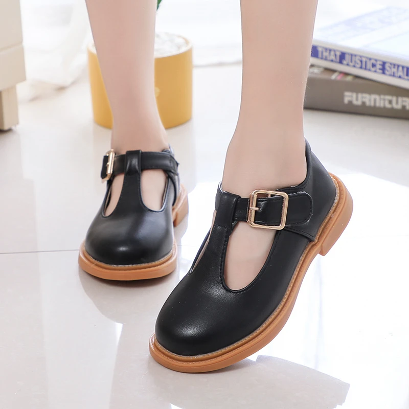 

Kids Casual Shoes Children Leather Shoes for Girls Sneakers T-strap Metal Buckle Vintage Classic School Flats Black Leather Shoe