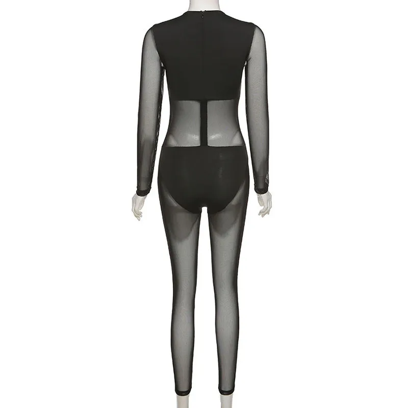 

Spring Sexy Women Jumpsuits Mesh Sheer Full Sleeve High Waist Bodysuit One Piece Club Outfits Lounge Wear Sportswear Streetwear