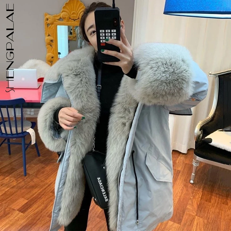 

SHENGPALAE модная однотонная хлопковая стеганая куртка женская зимняя 2021 Новинка меховой воротник Свободное пальто на молнии с длинным рукавом ...