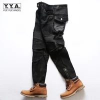 vintage casual sheepskin genuine leather cargo pants men patchwork denim motorcycle bikers pants personality straight trousers