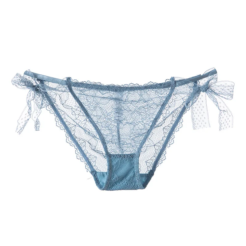 Quaslover Women's Summer Sexy Panties Breathable Comfort Underwear Lace Transparent Panties Female Low Waist Panty with Bow - Цвет: Blue