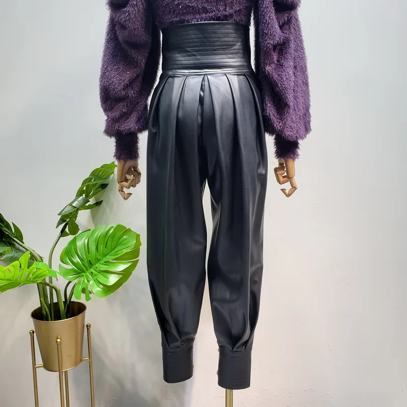 Женские шаровары из искусственной кожи с пуговицами свободные брюки высокой