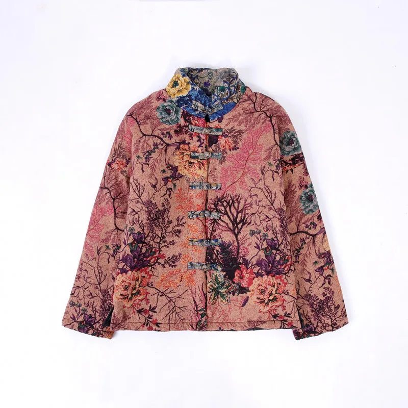 2019 Autumn Women's Retro National Wind Coat Short Section Thin Disc Buckle Printed Cotton Parkas | Женская одежда