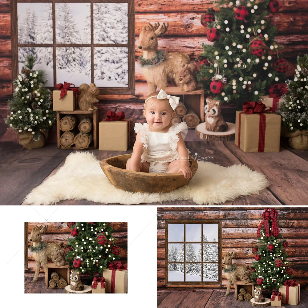 Деревянный Рождественский фон окно сосна лес зима снег рождественская елка фото