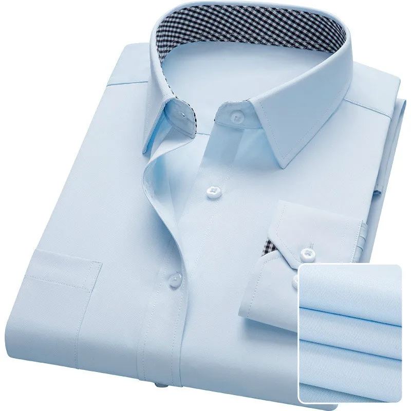 Рубашка мужская с длинным рукавом повседневная сорочка Slim Fit однотонная дышащая