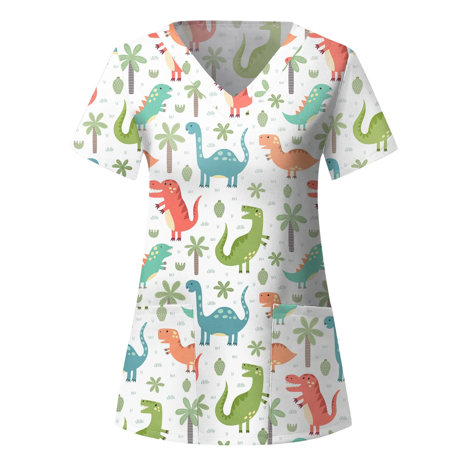 

Women Blouse Short Sleeve Flower Printed V-neck Cartoon Pattern Tops Nursing Working Uniform Shirts V-neck Pocket Women Clothes#