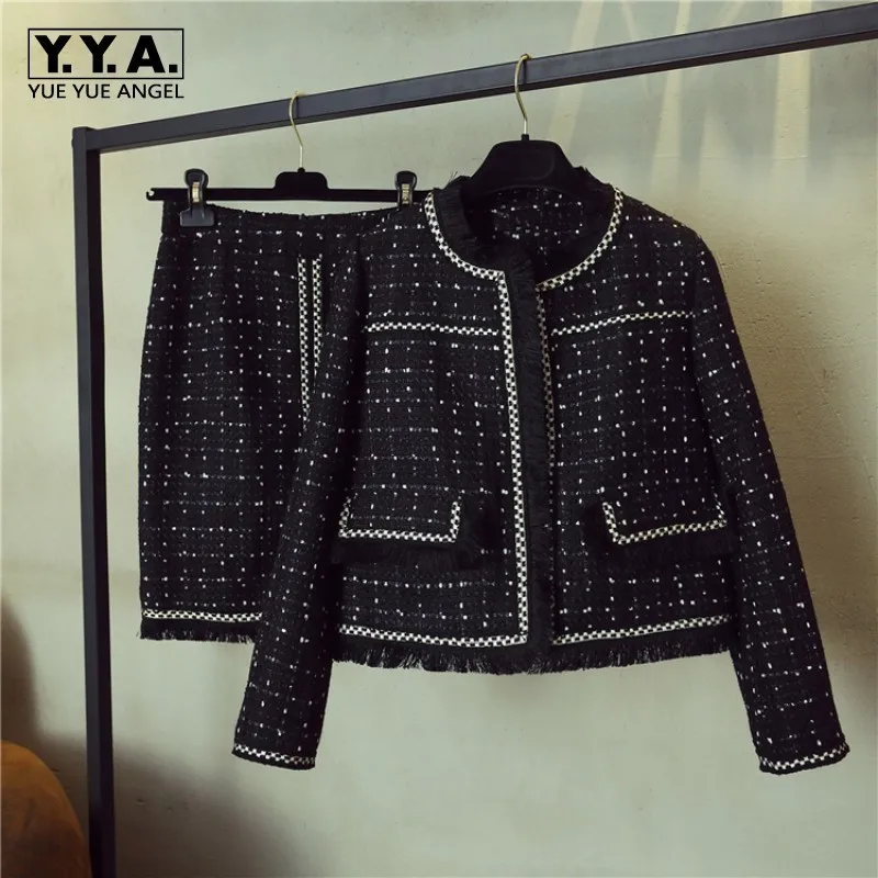 Элегантные женские клетчатые твидовые тонкие комплекты из двух предметов с