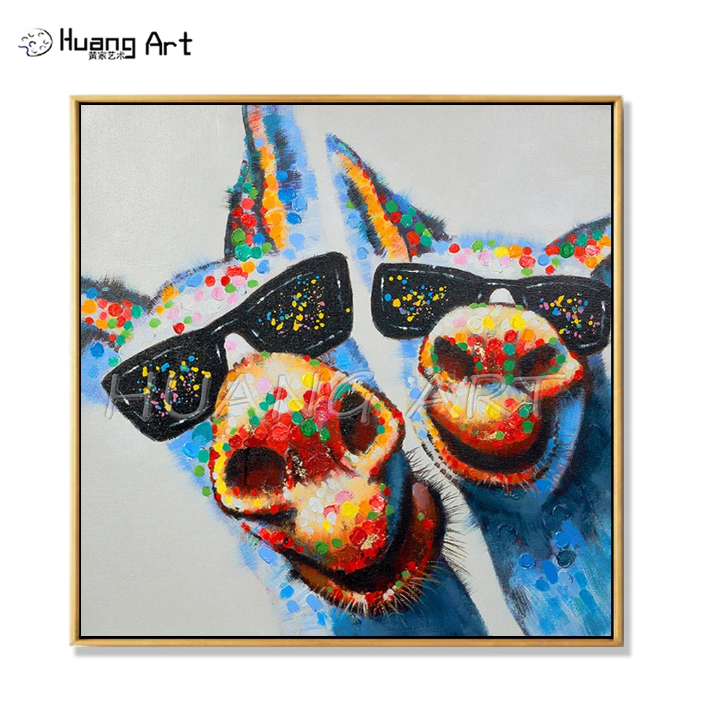 

Pure Handmade Lovely Animal Donkey Oil Painting on Canvas Funny Animal Smile Donkey with Sunglasses Oil Painting for Wall Decor