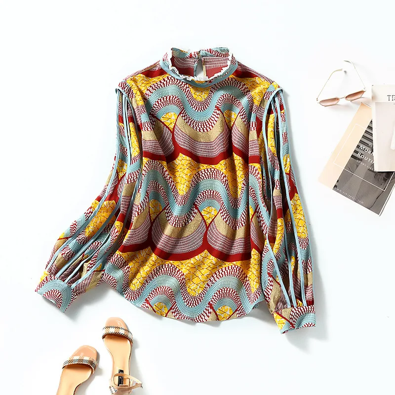 

European and American women's wear spring 2022 new Long sleeve collar Fashion geometric printed silk shirt