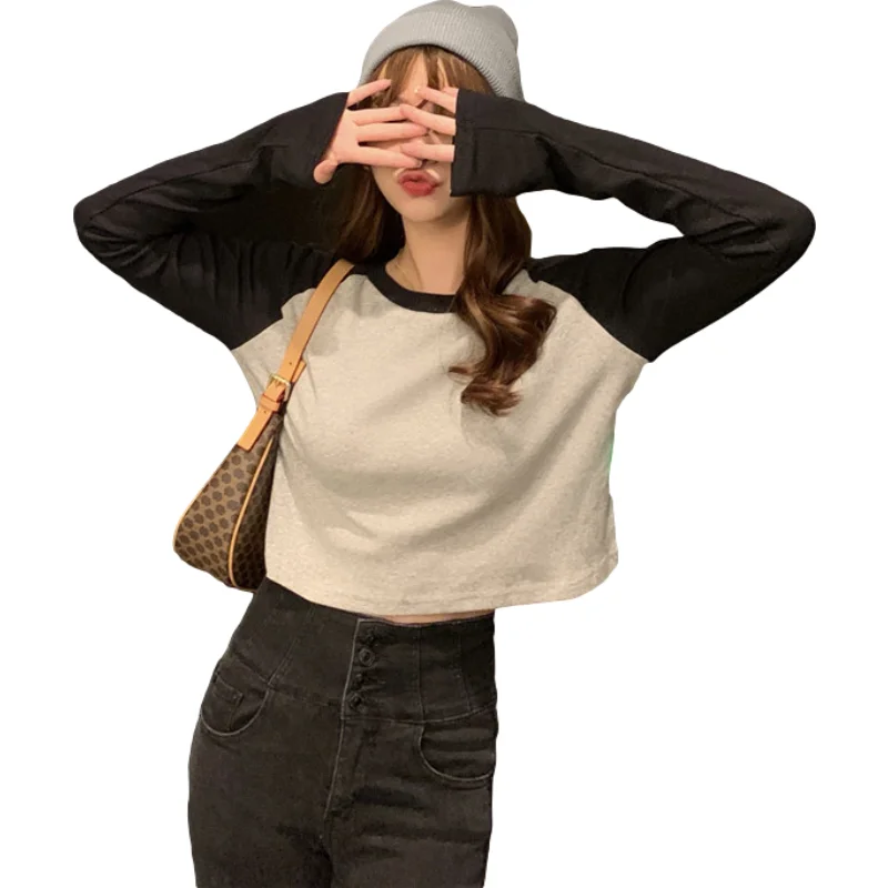 

SLPBELY Women Long Sleeved Patchwork 2021Spring Autumn Sexy Round Neck Short Style Korean T-shirt Female Tee Shirt Pullovers