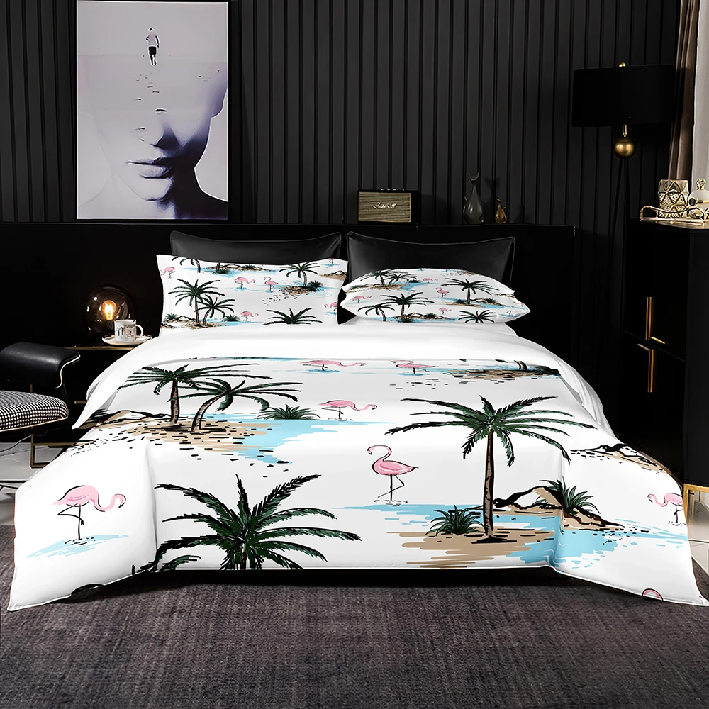 Light Green Bedding Set 2/3Pcs Premium Duvet Cover with Pillowcase Tropical Leaves Print for Queen King Full Size | Дом и сад