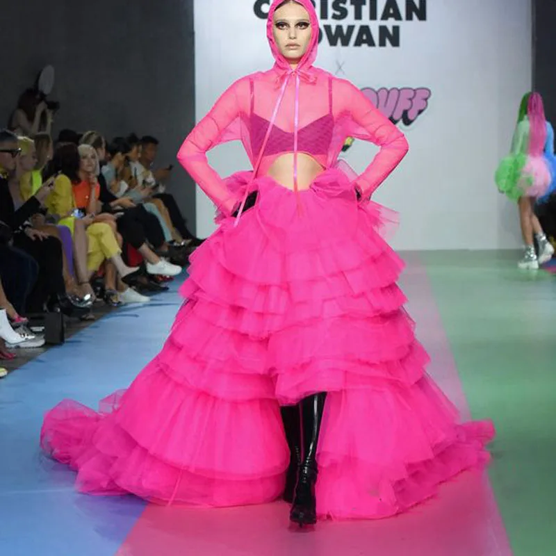 

Ярко-розовая Тюлевая юбка для выпускного вечера, длинная пышная Тюлевая юбка макси с длинным шлейфом, дополнительное бальное платье, женская многослойная юбка-пачка