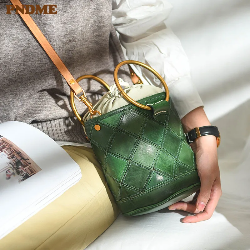 PNDME fashion metal handle design natural genuine leather stitching women's small handbag luxury real cowhide mini shoulder bag
