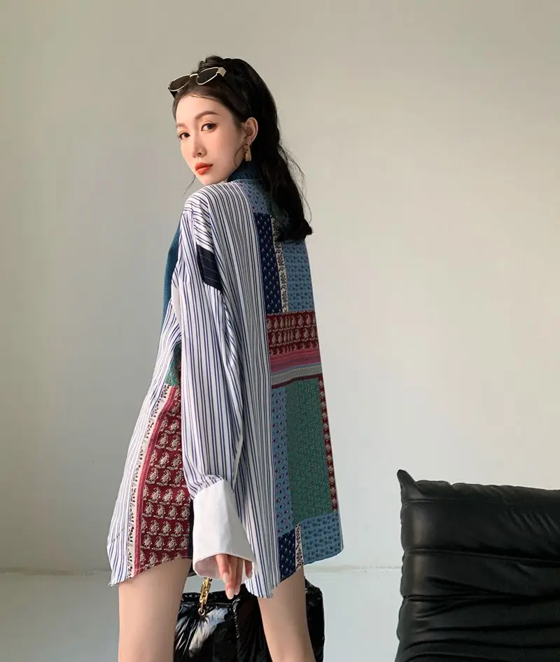 

Oversized Korean Trendy Denim Patchwork Print Blouse Women Loose Vintage Striped Mini Shirt Dress