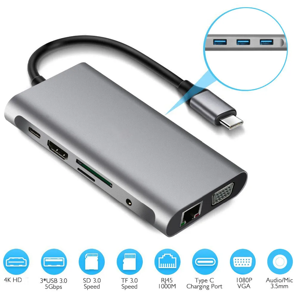 

USB HUB Docking Station Type C Adapter USB 3.0 4K HDMI-compatible VGA RJ45 10 in 1 Converter for Macbook Pro Hub Thunderbolt 3