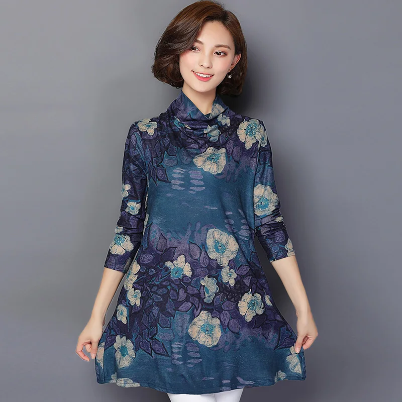 Большие размеры длинная туника блузка для женщин Осень зима 2019 цветочный принт