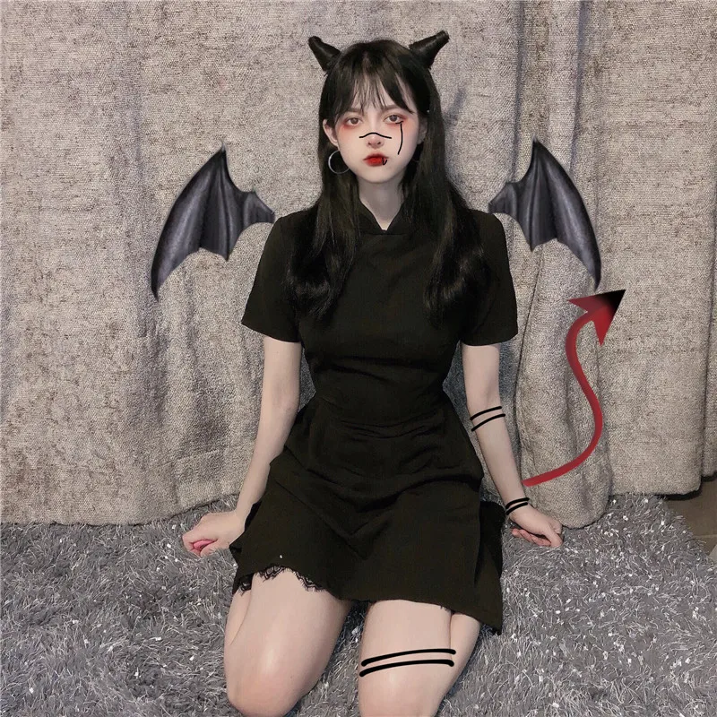 Японское винтажное готическое платье в стиле Харадзюку черное приталенное