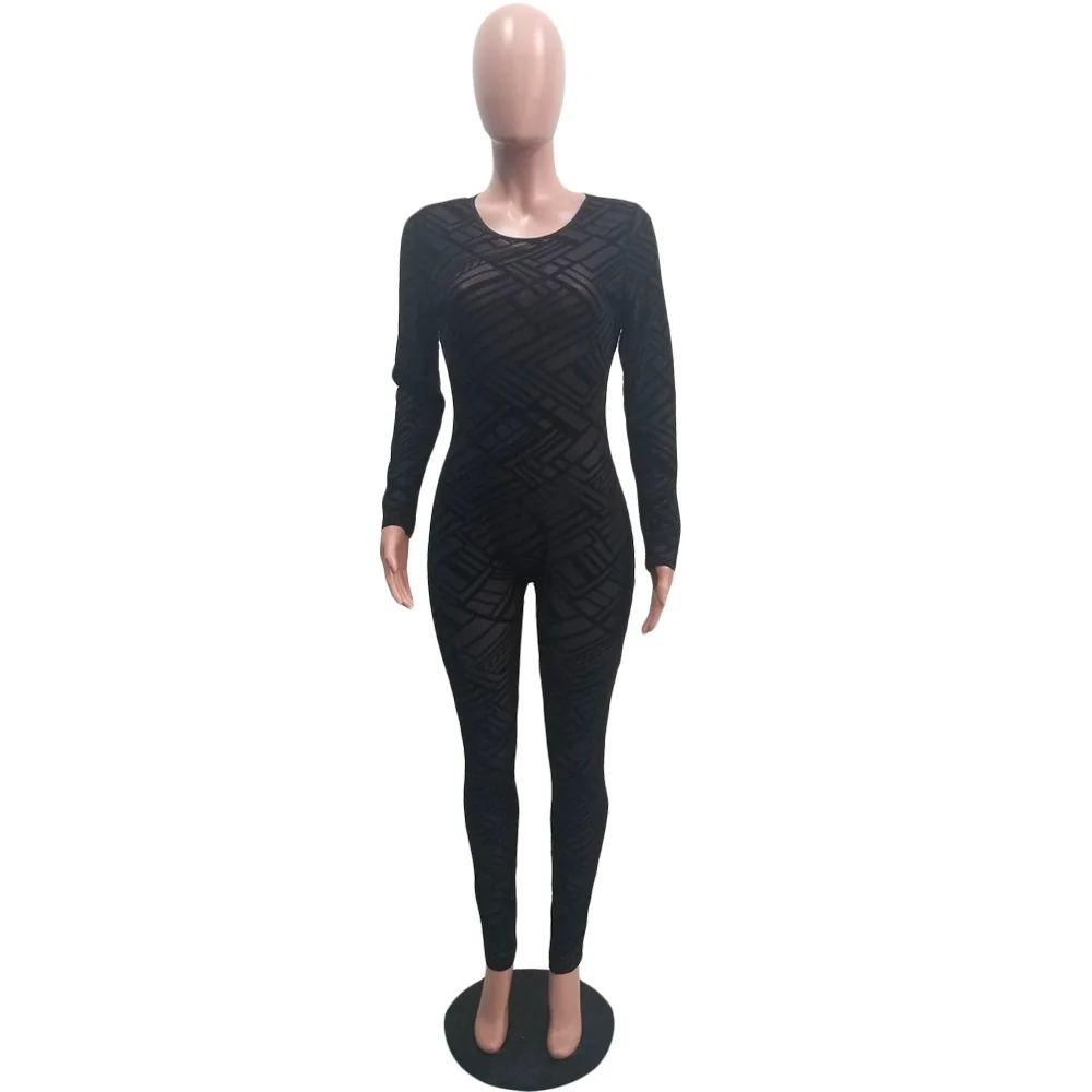 Женский черный облегающий комбинезон с длинным рукавом однотонный сетчатый