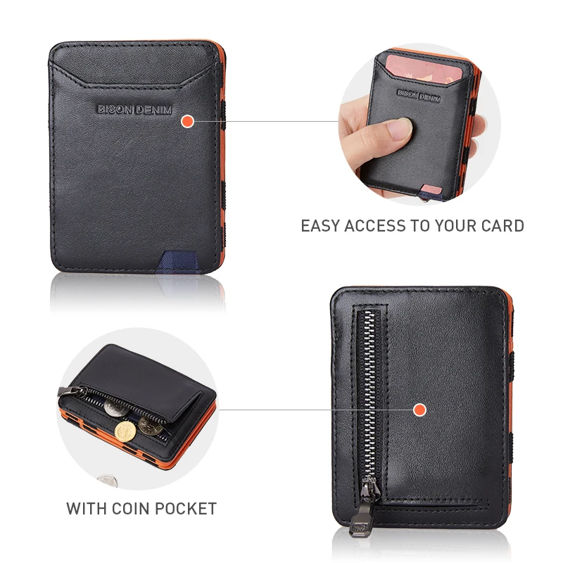 BISON DENIM Leather Magic Wallet for Men Trifold  Slim Rifd Blocking Credit Card Holder with Coin Pocket Mini Purse W9725