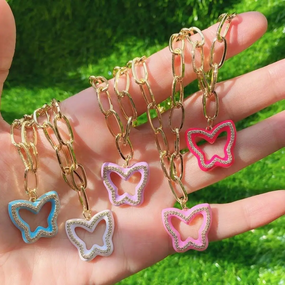 

5PCS, Korean Enamel CZ Butterfly Pendant Necklace for Women Party Statement Chunky Necklace Style Fashion Necklace Jewelry Gifts