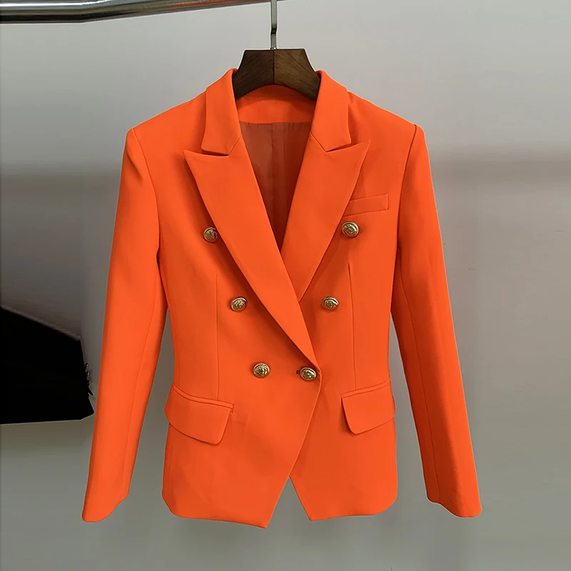 

Classic Baroque Designer Blazer Women's Metal Lion Buttons Double Breasted Blazer Orange