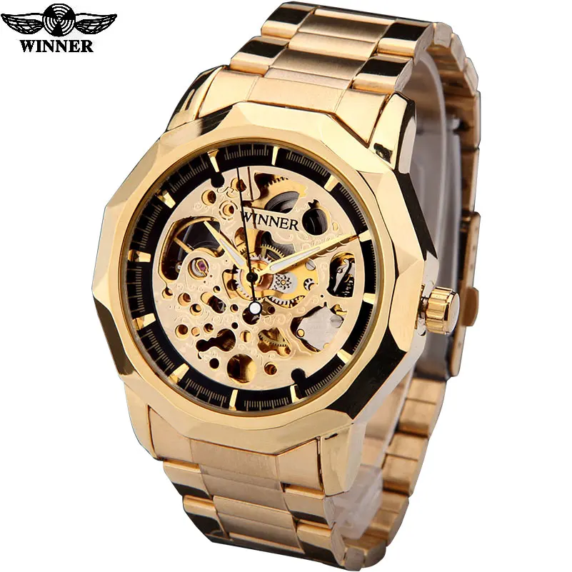 

WINNER brand watches men mechanical skeleton wrist watches fashion casual automatic wind watch gold steel band relogio masculino