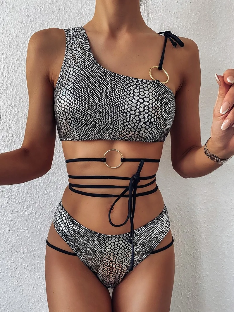 

Купальник женский бандажный из двух предметов, пикантный треугольный купальный костюм с одним открытым плечом, купальная одежда, лето